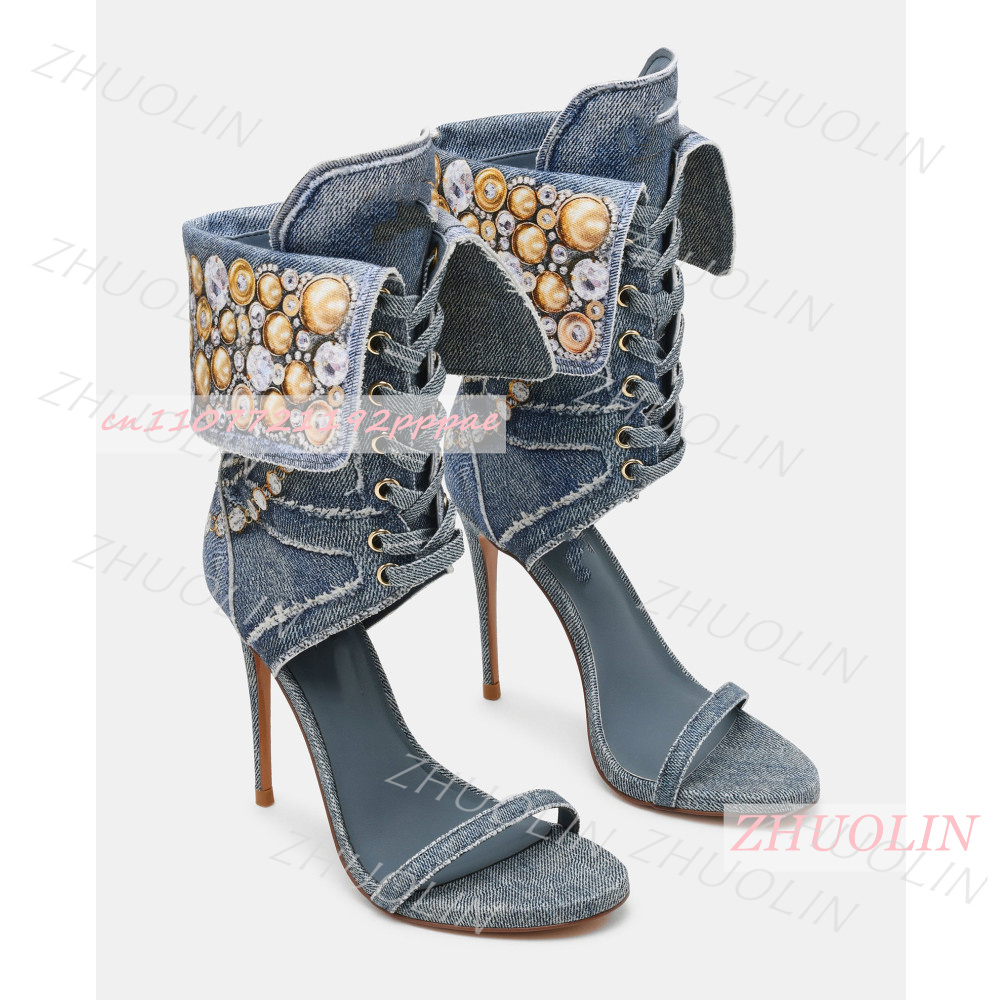 Women Shoes Us To Eu - Sandal Wanita Denim Biru Berhias Batu