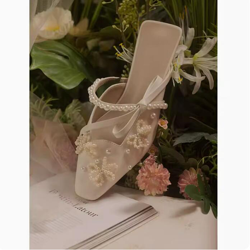 Women'S Shoes Kitten Heels - Manik-manik Mutiara Busur Sisi Tali Sandal