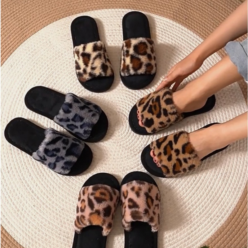 Sandal Bulu Leopard Hangat Lem - Fluffy Fur Slipper ulasan dan harga